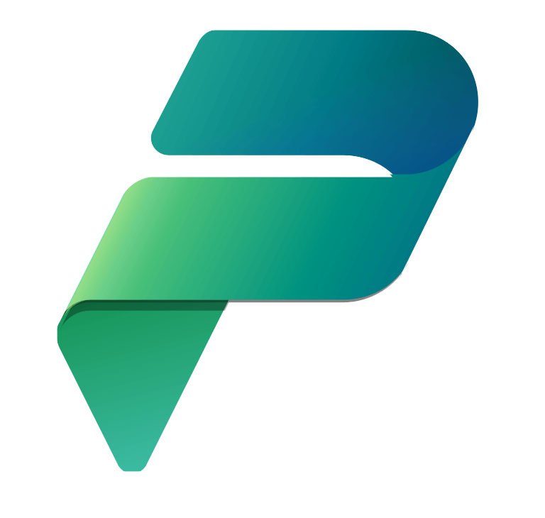 O logotipo da Power Platform é composto por uma forma abstrata que lembra a letra "P", formada por duas seções em gradiente de cores que variam do azul ao verde. A parte superior é arredondada e horizontal, enquanto a parte inferior é pontuda e direcionada para baixo. O design tem um efeito de fita dobrada, dando uma sensação de movimento e dinamismo. As cores e o formato transmitem modernidade e flexibilidade, refletindo os valores de inovação e conectividade da Power Platform.